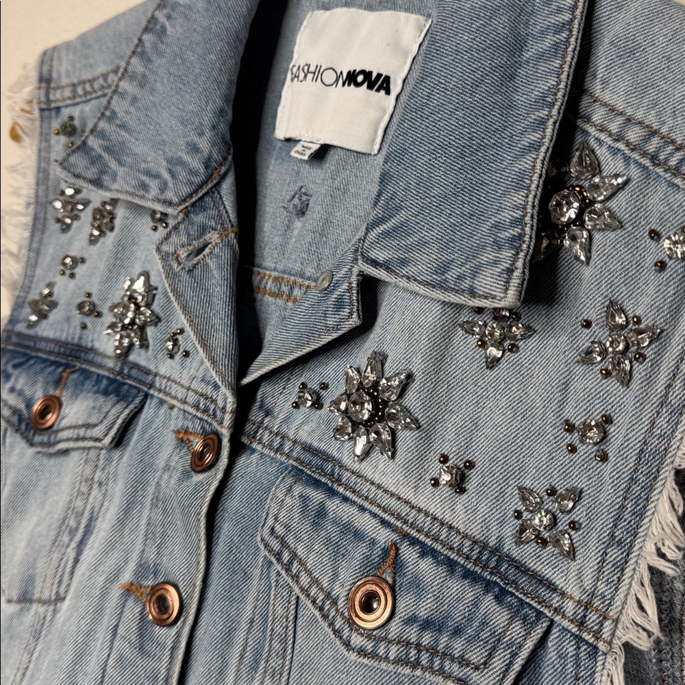 Fashion Nova Light Blue Denim Vest with Silver Embellishments